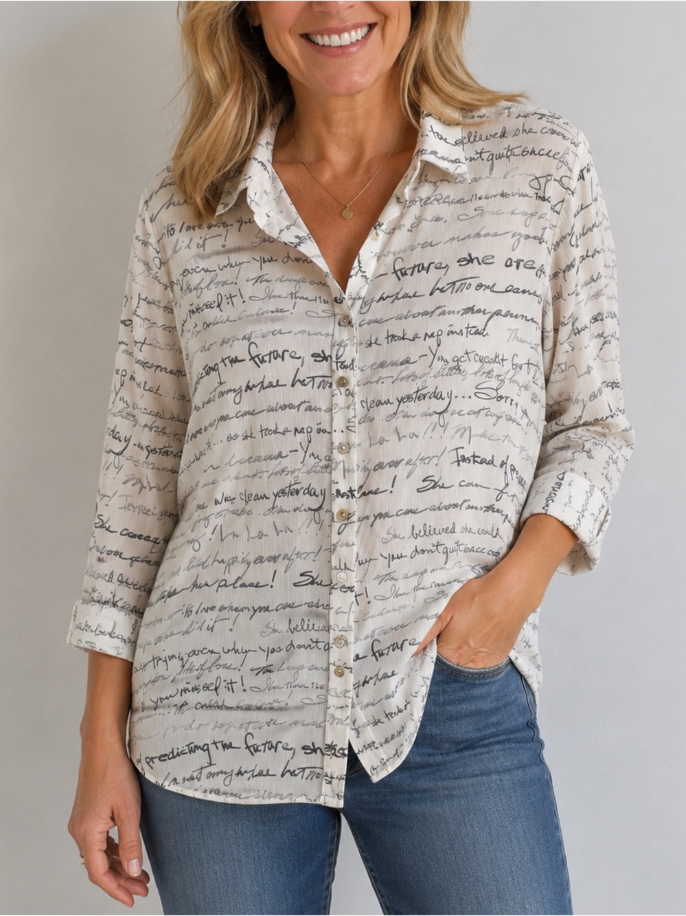 Multiples Cream Button Up Shirt Print Empowering Inspiration Script Lightweight